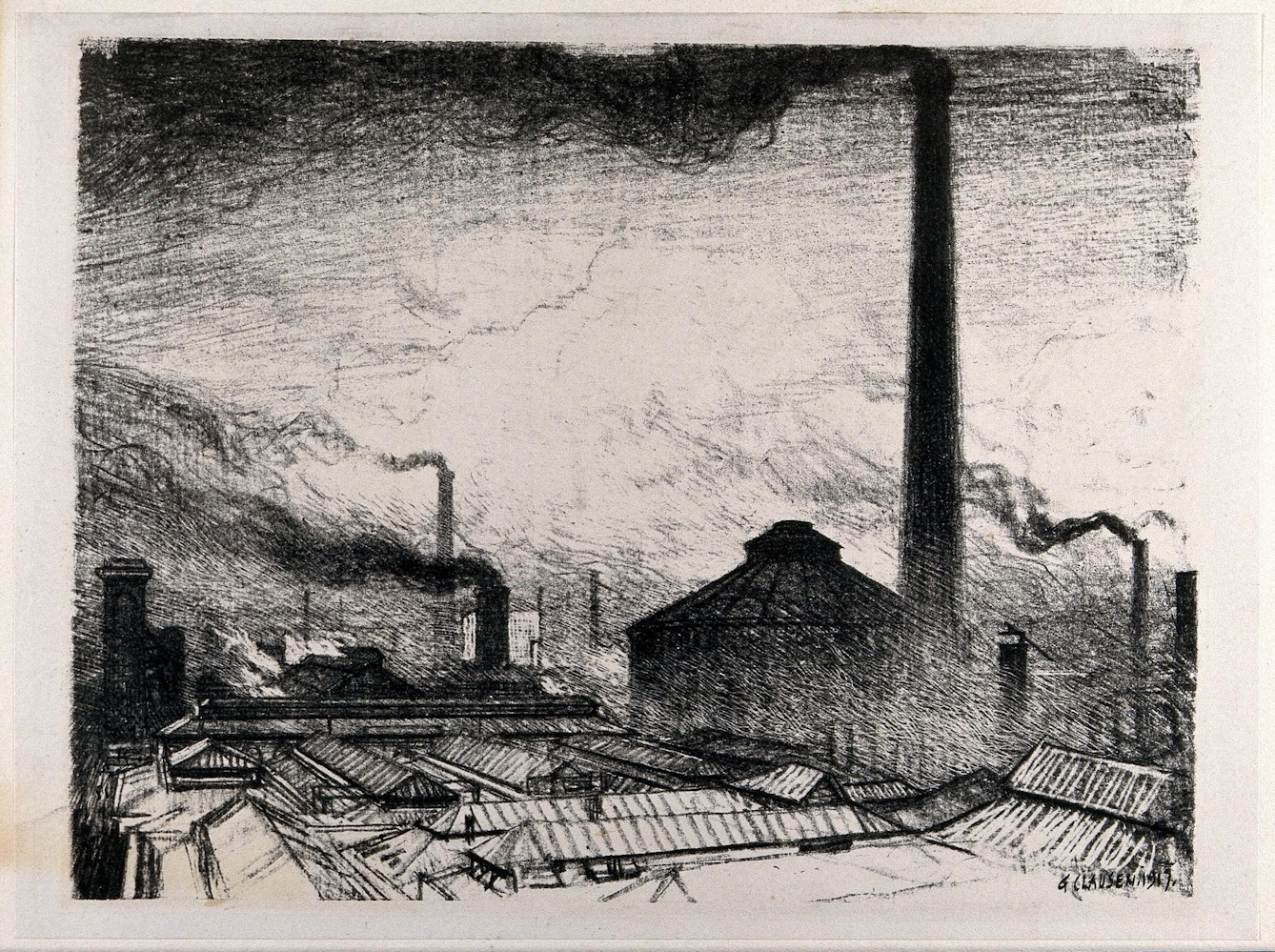 Black and white lithograph of the Royal Gun Factory, Woolwich Arsenal. The image shows the factory buildings from above, with lots of smoke coming from the chimneys. 