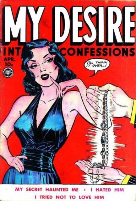 Image of comic book cover. Dark haired woman looking at jewellery on red background with the text: My Desire as the heading in white capital letters