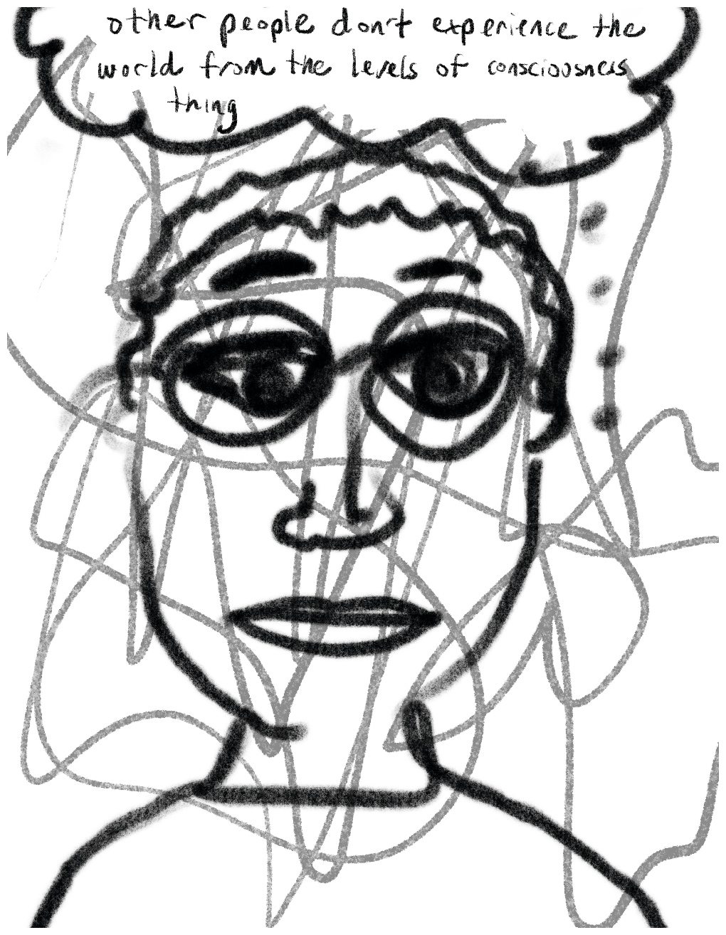 Panel four of a four-panel comic called 'I was hallucinating', consisting of thick black line drawing on a white background. The head and shoulders of a crudely drawn young man with large eyes stares out at the viewer, filling most of the panel. The figure has glasses and short hair. Light grey scribbles are drawn all over the panel, cutting across the figure. A thought bubble above his head says "Other people don't experience the world from the levels of consciousness thing".