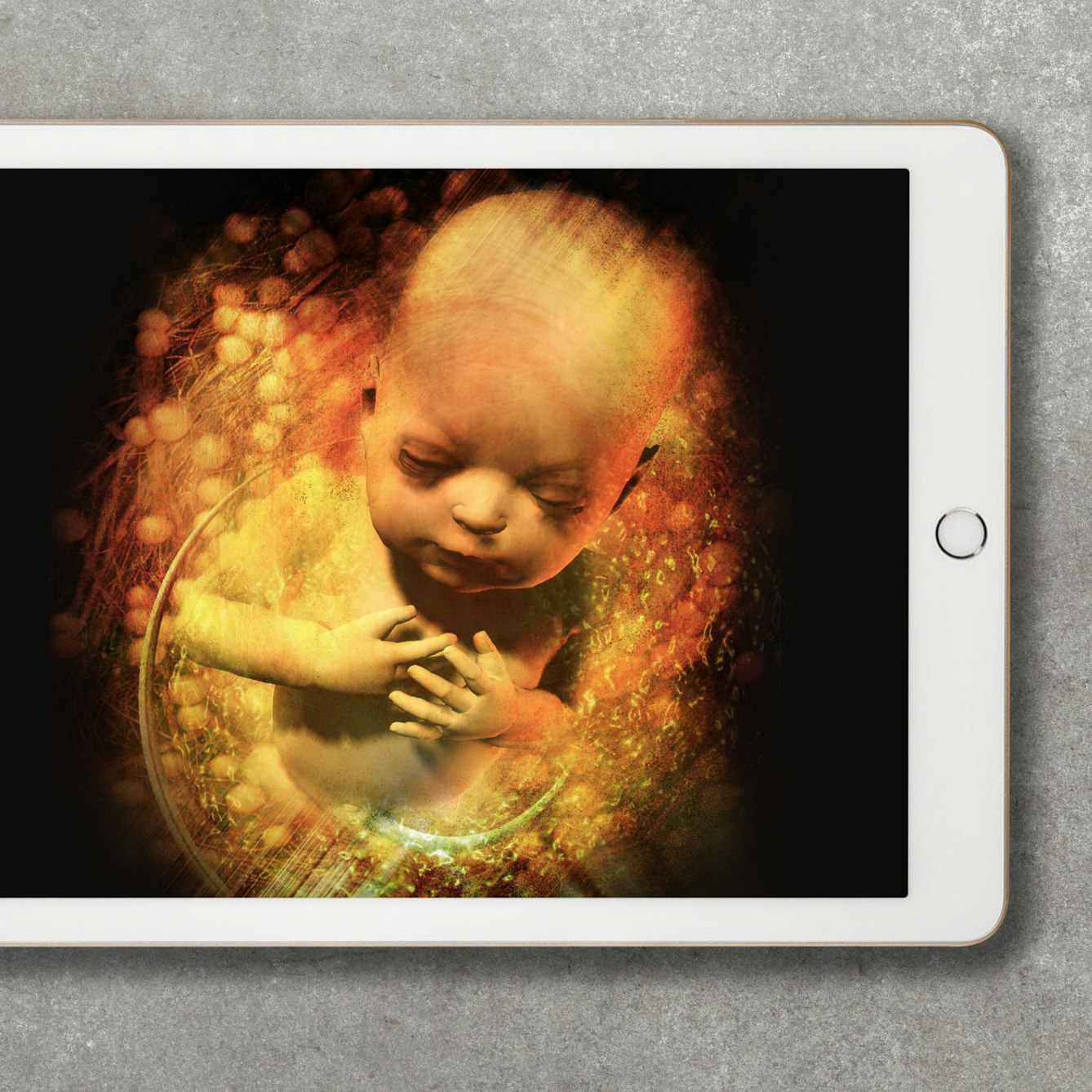 Photograph of a white tablet device resting on a grey concrete textured background. On the screen is a colour illustration of a baby in the womb. The head, shoulders and chest of the baby is visible, and it is surrounded by swirling abstract patterns. The baby has its eyes closed and its arms crossed in front of it, with its hands resting lightly on its chest. 