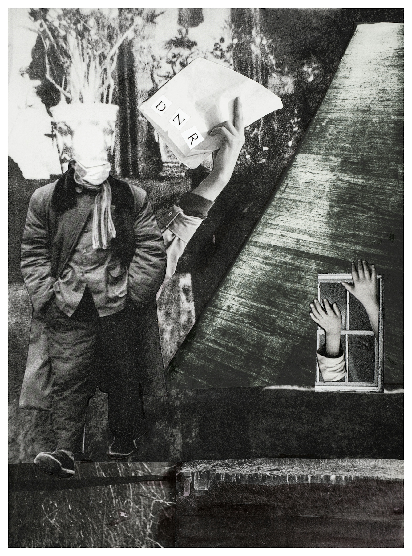 Photographic collage using images cut out from magazines and books. The scene depicts a man in full length walking with his hands in his pockets. His head seems to be covered in bag but it is clear he is wearing a white surgical face mask.Behind him an arm reaches up clasping papers with the letters DNR on the front. To the right is a window with two hands and arms reaching through it. The overall tones of the collage are monotone, blacks, whites and greys.