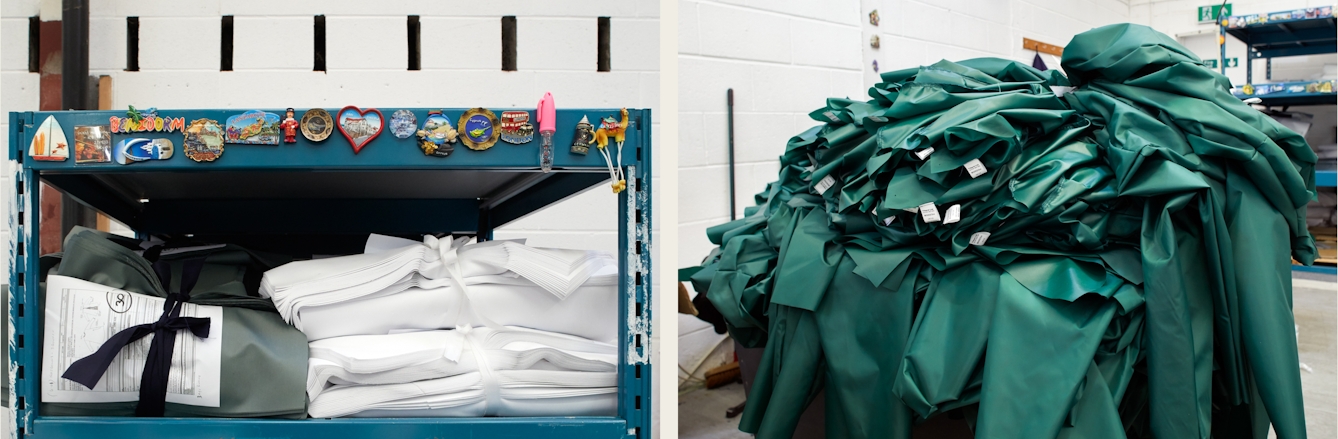 Photographic diptych. The image on the left shows storage racking with white and green garment folded up and tied together with fabric ties. On the right is a pile of part made green medical scrubs.