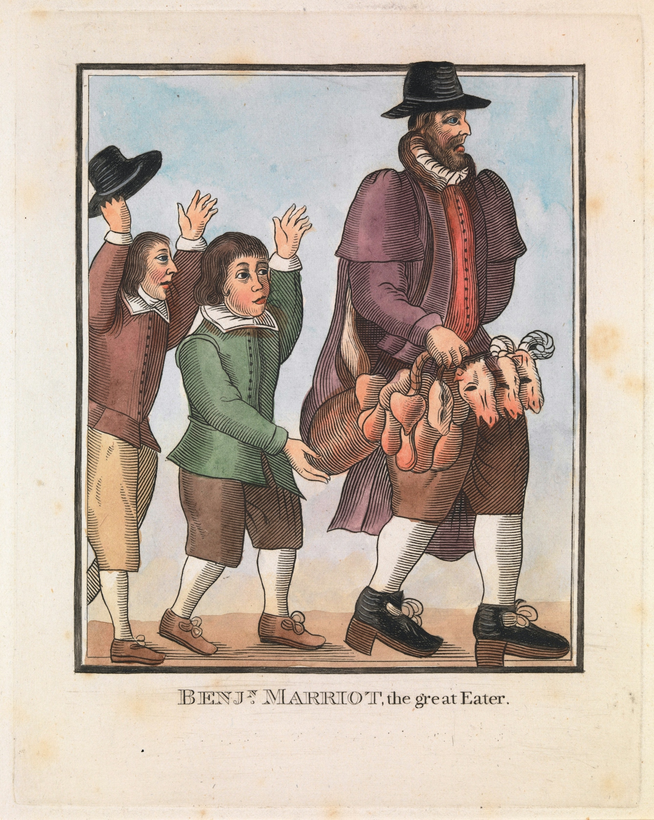 A tall man with animal heads hanging from his belt is pursued by two jeering children.