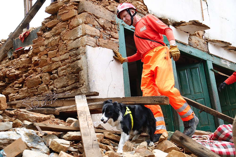 Coloured picture of a fireman and a dog searching through rubble.