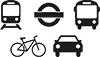 Drawing showing different modes of transport, such as train, bus and bicycle.