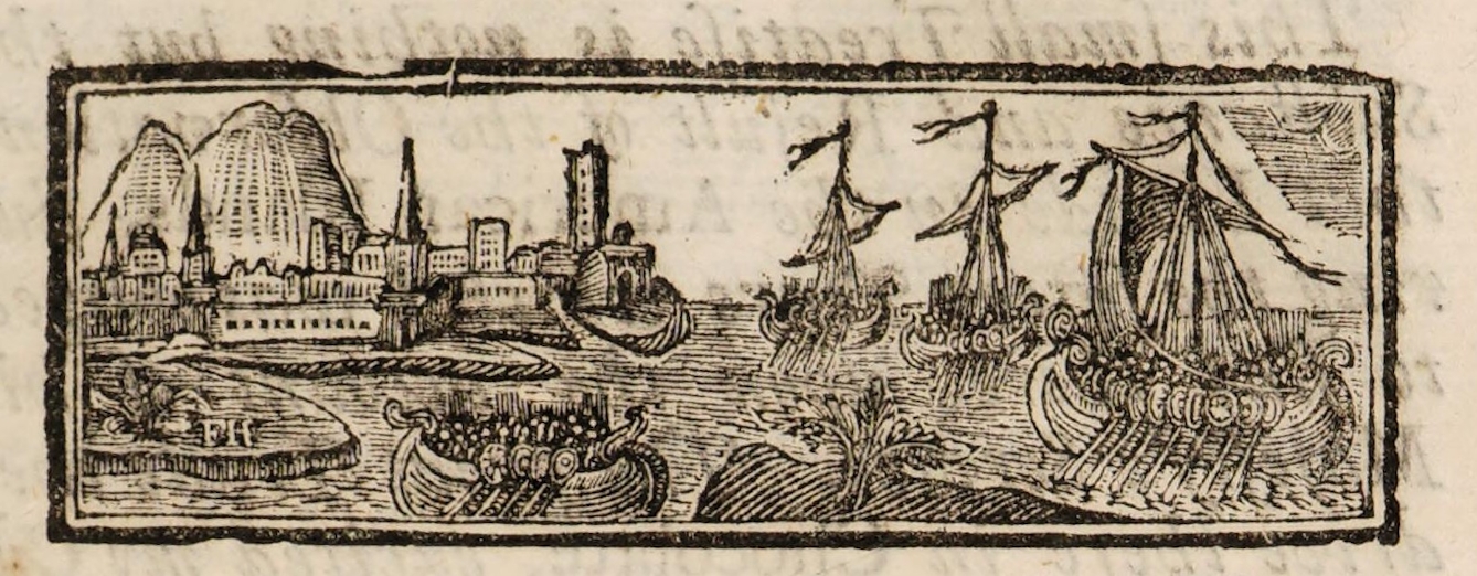 Woodcut illustration showing ships in the sea beside a city with mountains behind, from the preface of The Natural History of Chocolate.