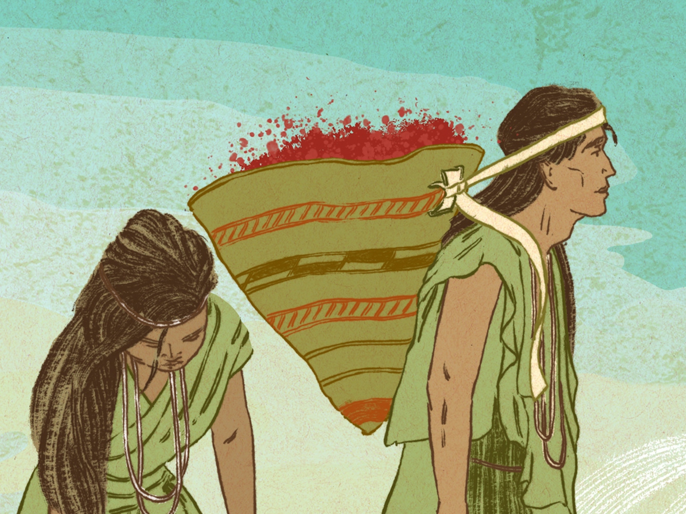 A digital illustration depicting a man and a woman in a landscape scene. The people are Native Americans. The woman is looking down and the male is looking over to the right and is carrying a conical basket on his back full of red berries.