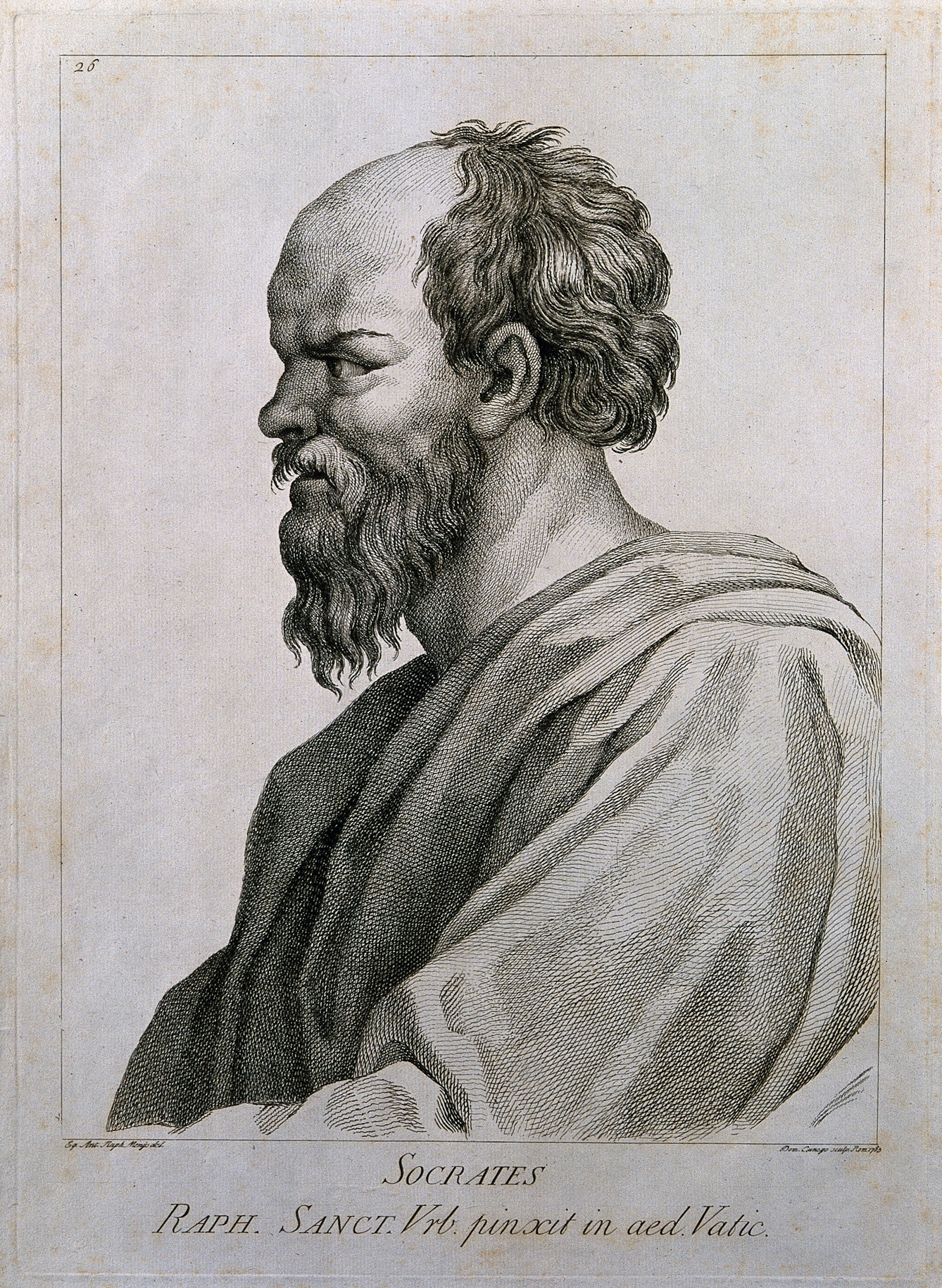 Black and white line engraving of a bearded, balding man in profile.