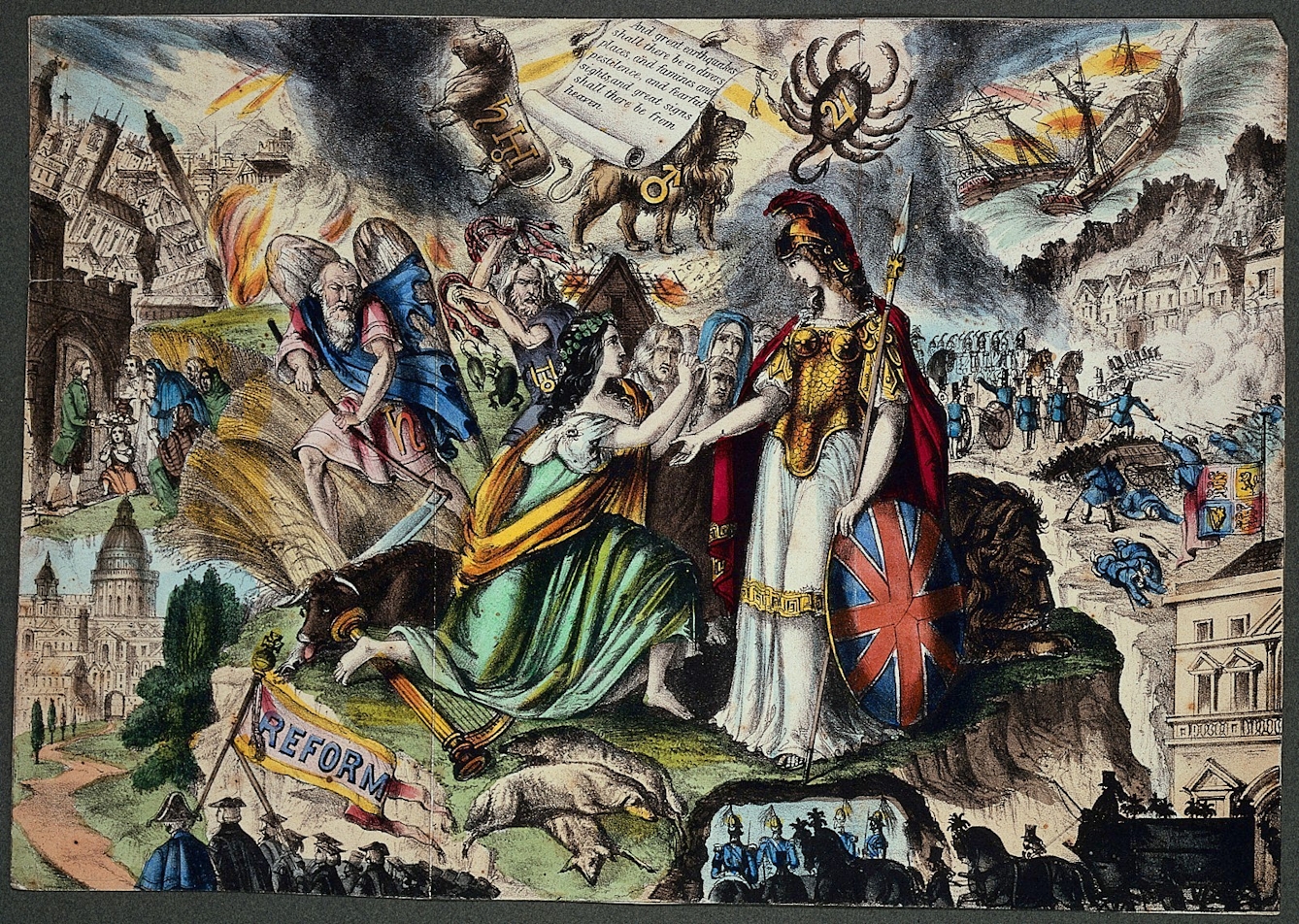 Image of lithograph depicting a non-realistic satirical scene involving classical looking women dressed up to represent Ireland praying to Britain