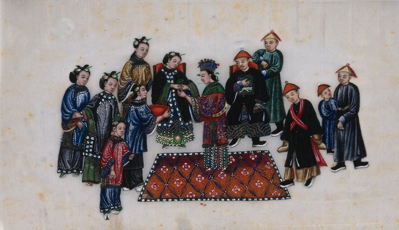 19th century painting of a Chinese bridal ceremony. The painting shows a large group of people dressed in colourful traditional clothes, with a couple at the centre. 
