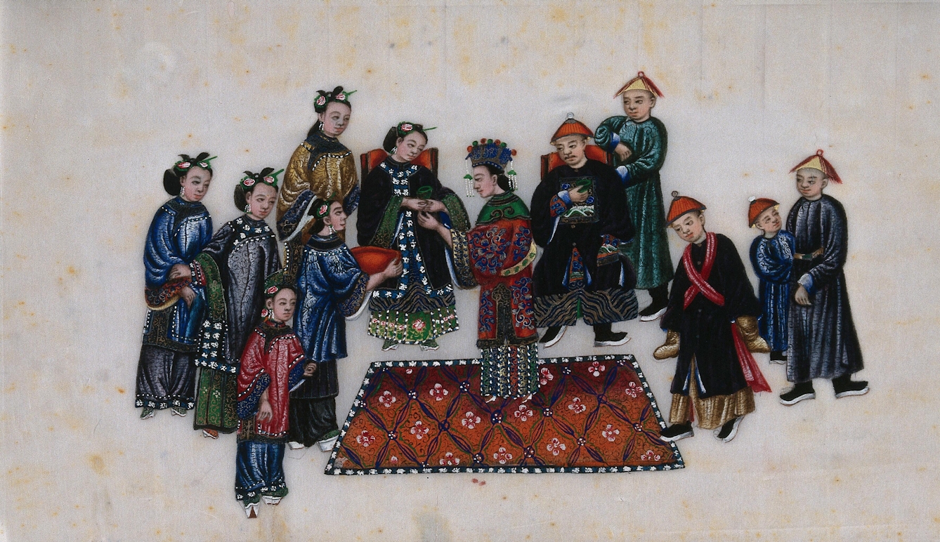 19th century painting of a Chinese bridal ceremony. The painting shows a large group of people dressed in colourful traditional clothes, with a couple at the centre.
