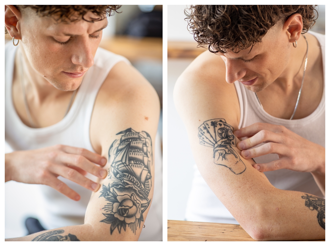 Photographic diptych. Both images show the same man, dressed in a white vest, his arms exposed. Both views are close-in, focussing on his upper arms and face. The image on the left shows his left bicep and the large tattoo of a tall ship in full sail resting on top of a rose. The image on the right shows his right bicep and the tattoo of a hand holding 5 playing cards. 