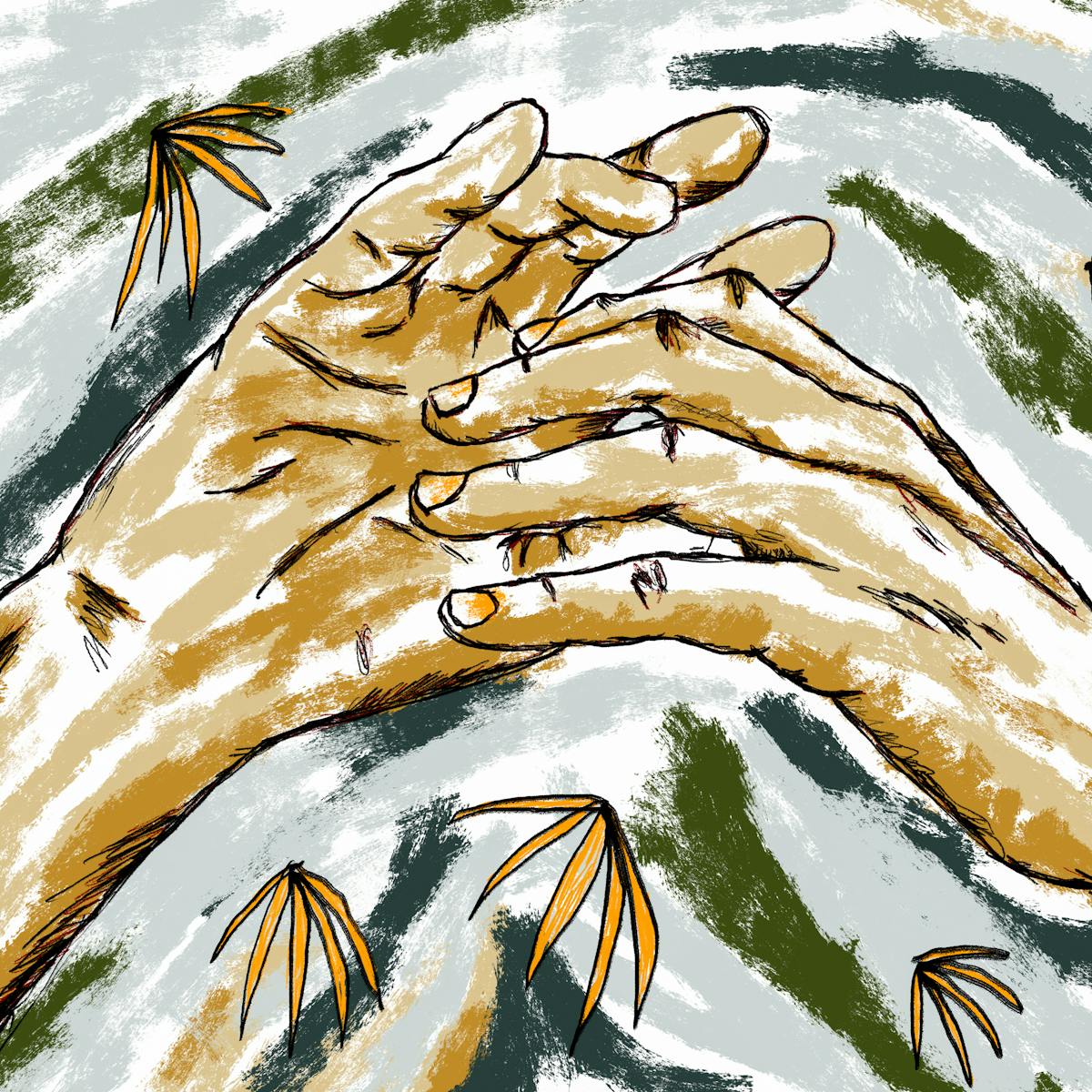 Colour digital artwork showing a figurative study of a pair of hands gracefully suspended in mid air, visible from just above the wrists. The hand on the left is held palm towards the viewer, fingers slightly extended. The hand on the right is palm facing down, fingers extended slightly towards the palm of the other hand, fingertips just making gentle contact. The background is made up of light textured rough lines of green, light blue greys and whites, punctuated by yellow leaf-like plants.
