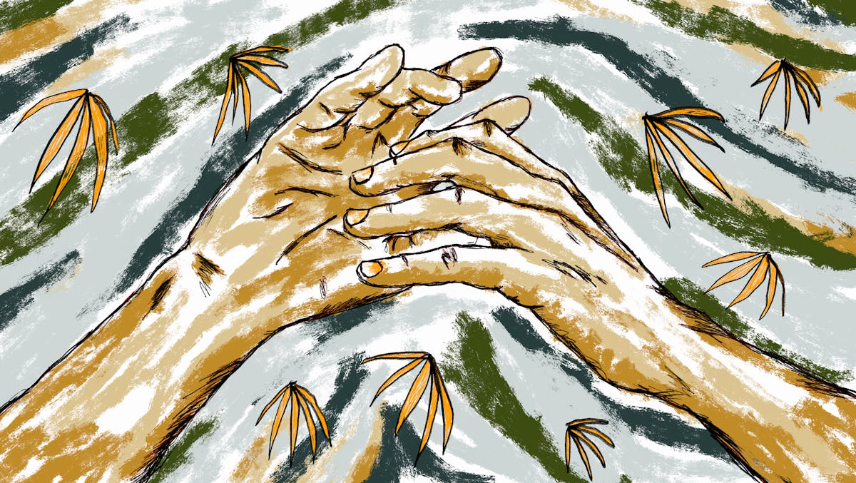 Colour digital artwork showing a figurative study of a pair of hands gracefully suspended in mid air, visible from just above the wrists. The hand on the left is held palm towards the viewer, fingers slightly extended. The hand on the right is palm facing down, fingers extended slightly towards the palm of the other hand, fingertips just making gentle contact. The background is made up of light textured rough lines of green, light blue greys and whites, punctuated by yellow leaf-like plants.