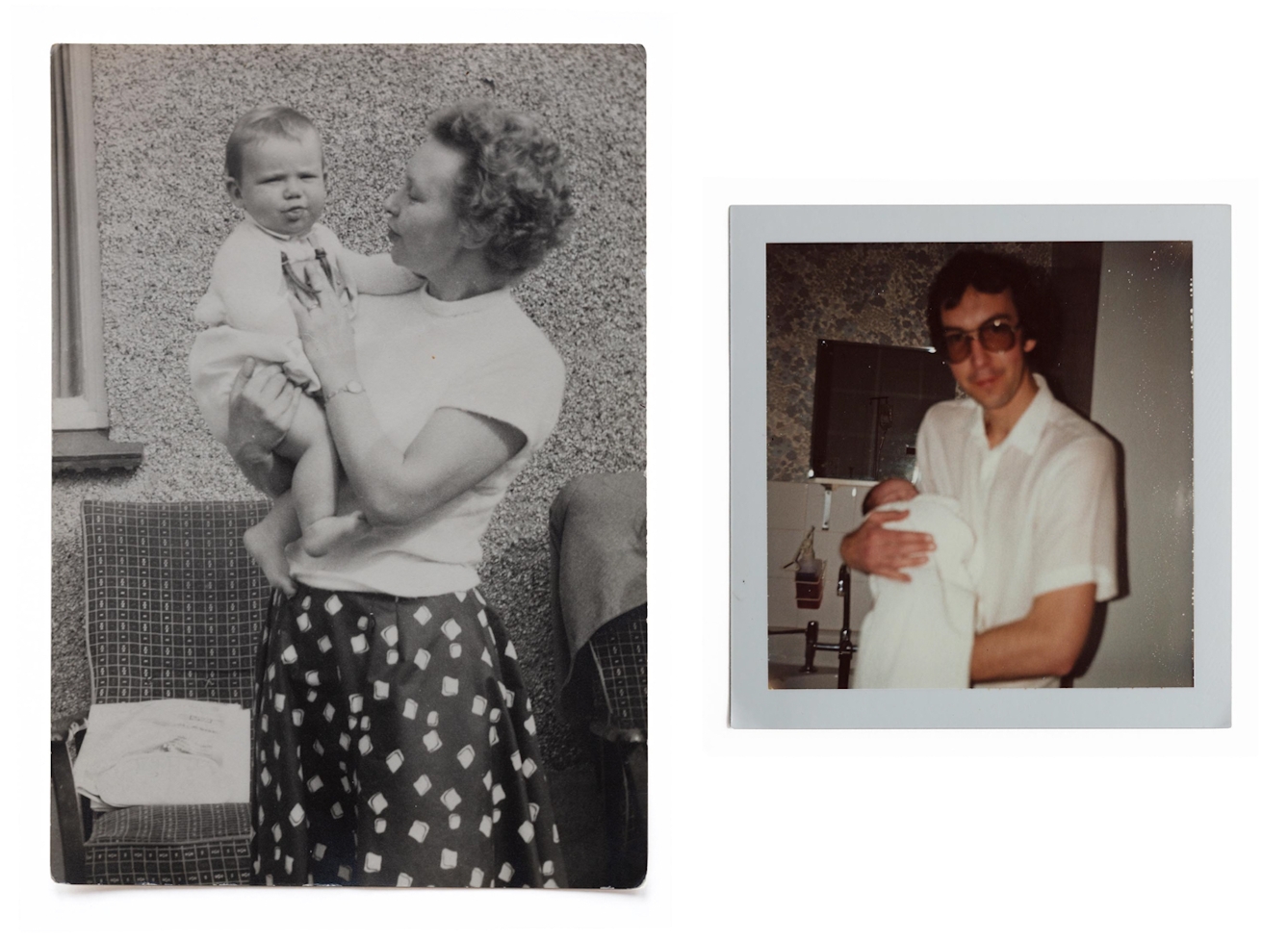 A group of 2 family archive photos ranging in date from 1956 to 1986. The photos show young babies in the arms of their parents, all different generations but very similar poses and expressions.