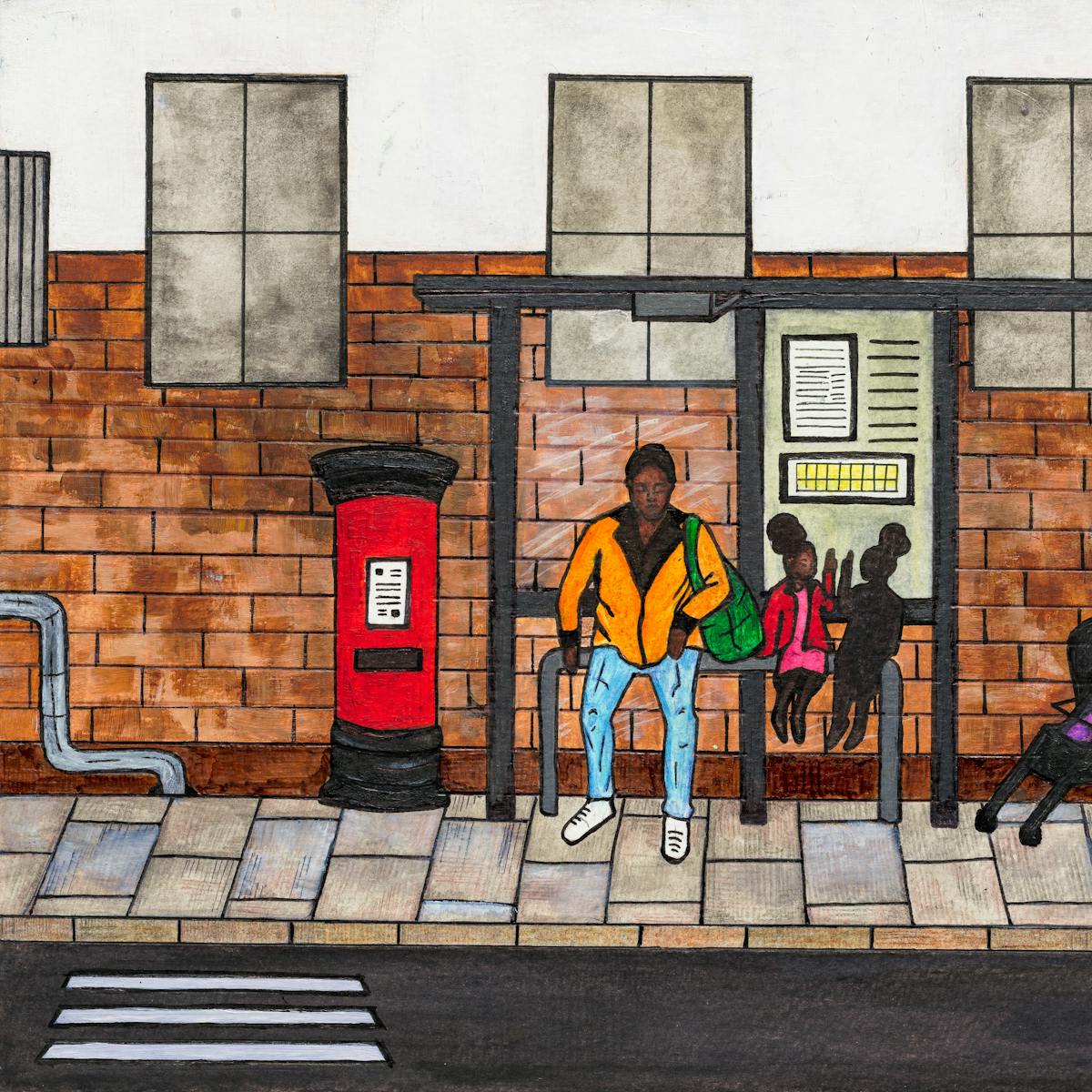Colourful artwork made with paint and ink on textured watercolour paper. The artwork shows a street scene with a red post box, an industrial looking brick building and a bus stop. Sat at the bus stop is an adult in an orange top an blue trousers. Next to them is a young child in a red and pink outfit, sitting on the bench. Sitting next to them is a mirror image of them, but with the appearance of a shadow. To the right is a person in yellow wellie boots pushing a pram.