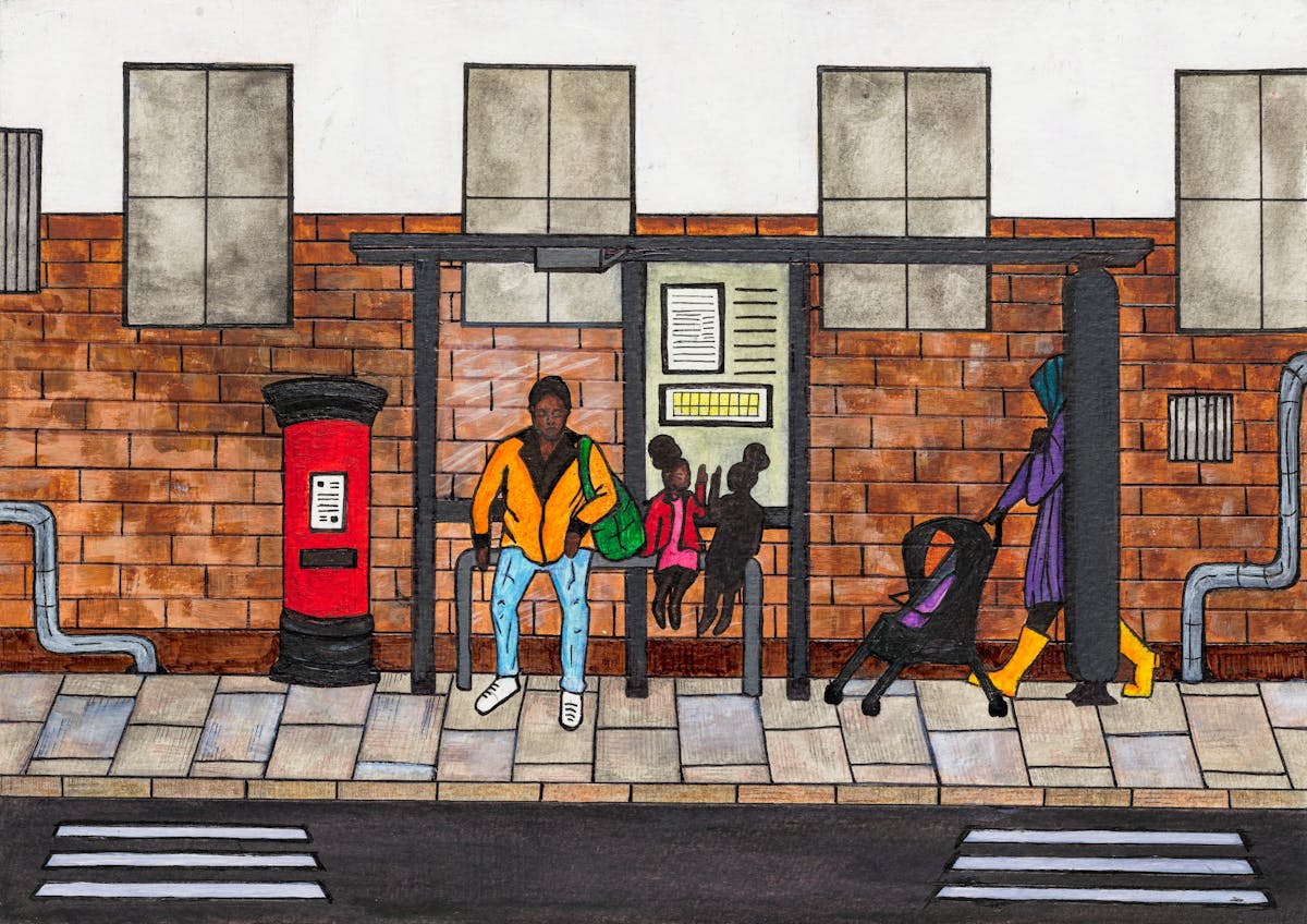 Colourful artwork made with paint and ink on textured watercolour paper. The artwork shows a street scene with a red post box, an industrial looking brick building and a bus stop. Sat at the bus stop is an adult in an orange top an blue trousers. Next to them is a young child in a red and pink outfit, sitting on the bench. Sitting next to them is a mirror image of them, but with the appearance of a shadow. To the right is a person in yellow wellie boots pushing a pram.