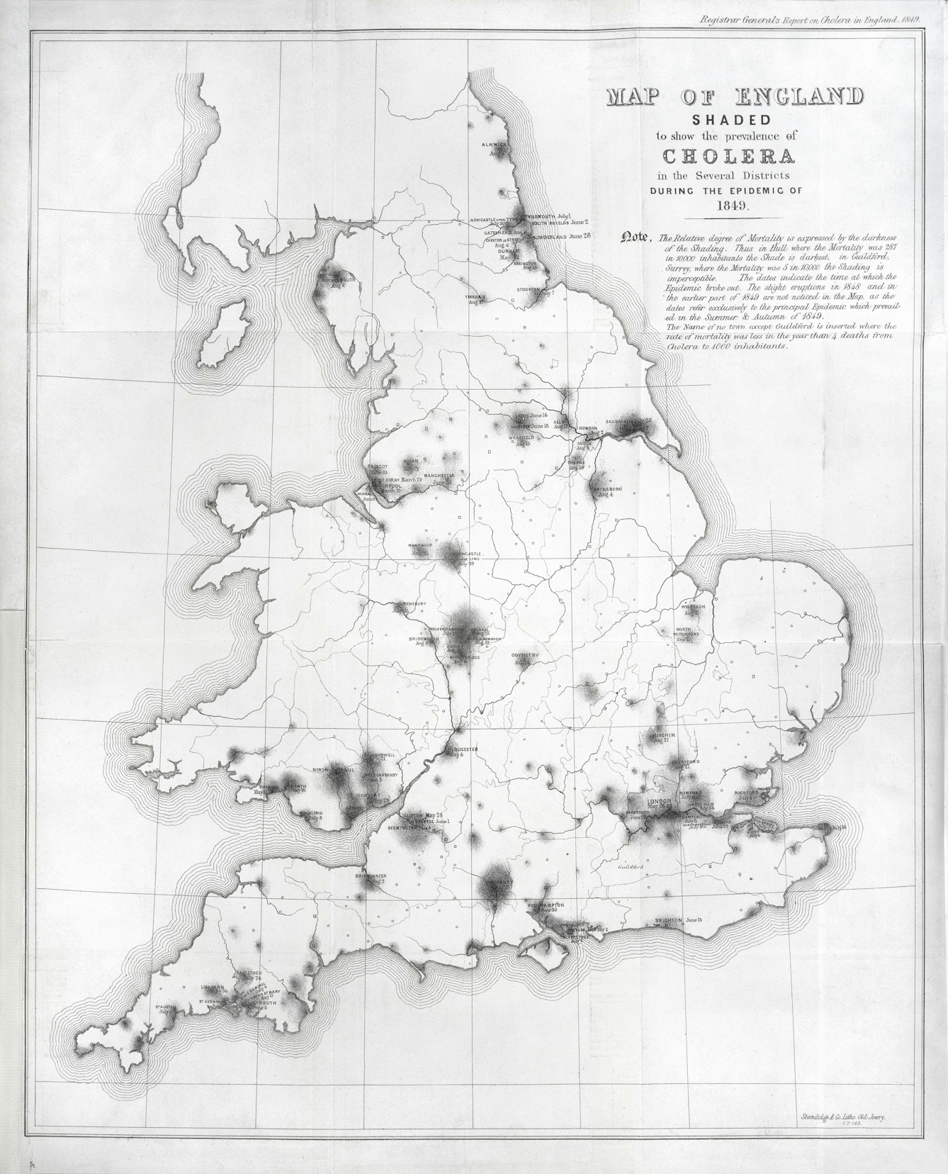 Map of England showing prevalence of cholera, 1849