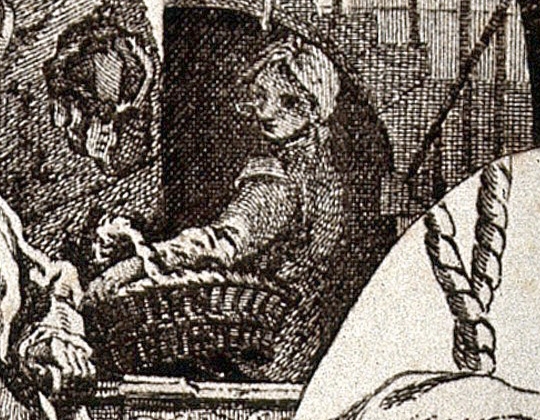 Section of Richard Siddall's 18th-century trade card featuring a woman with a basket