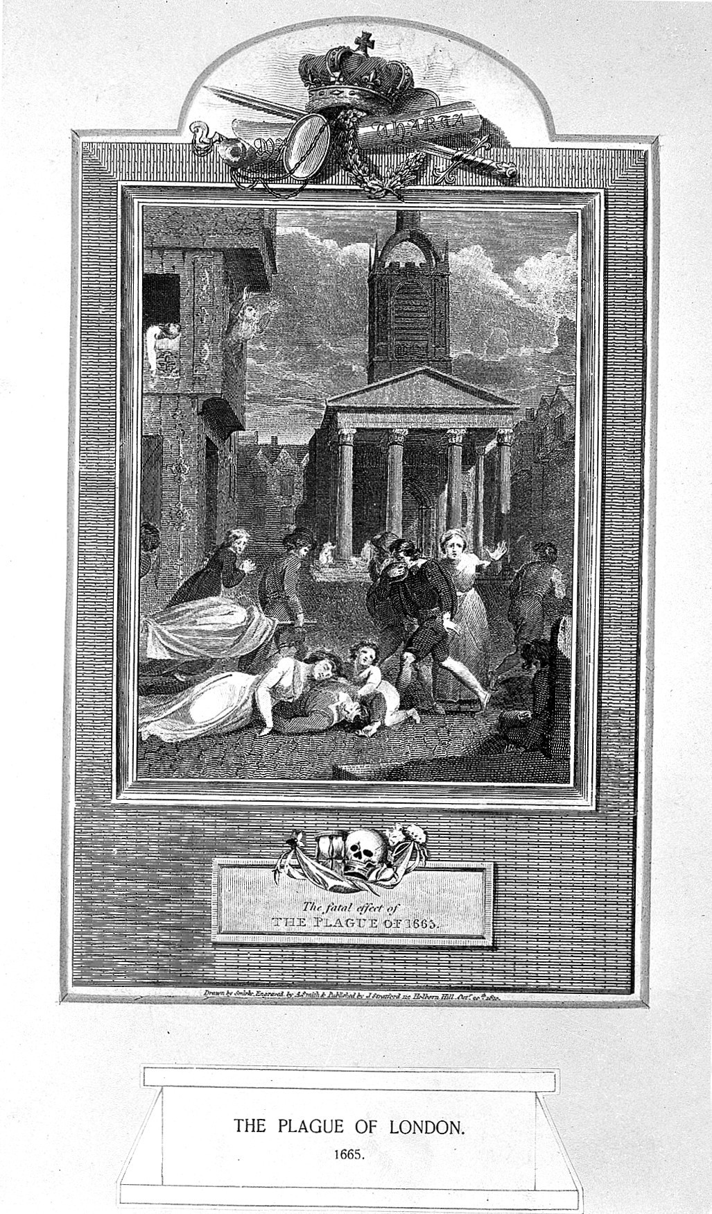Black and white engraving showing bodies on the street and being carried away on stretchers whilst people passing look worried and cover their faces with scarves.