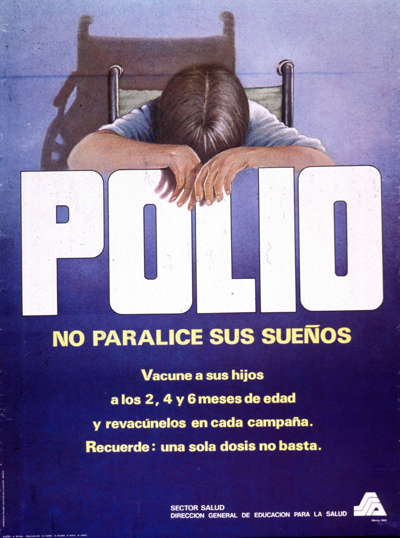 Predominantly blue poster with white and yellow lettering. Visual image at top of poster is an illustration of a person in a wheelchair slumped over the title word "Polio." Title below illustration, caption below title. Caption provides a schedule for polio vaccinations and a reminder that one dose of the vaccine is not enough.