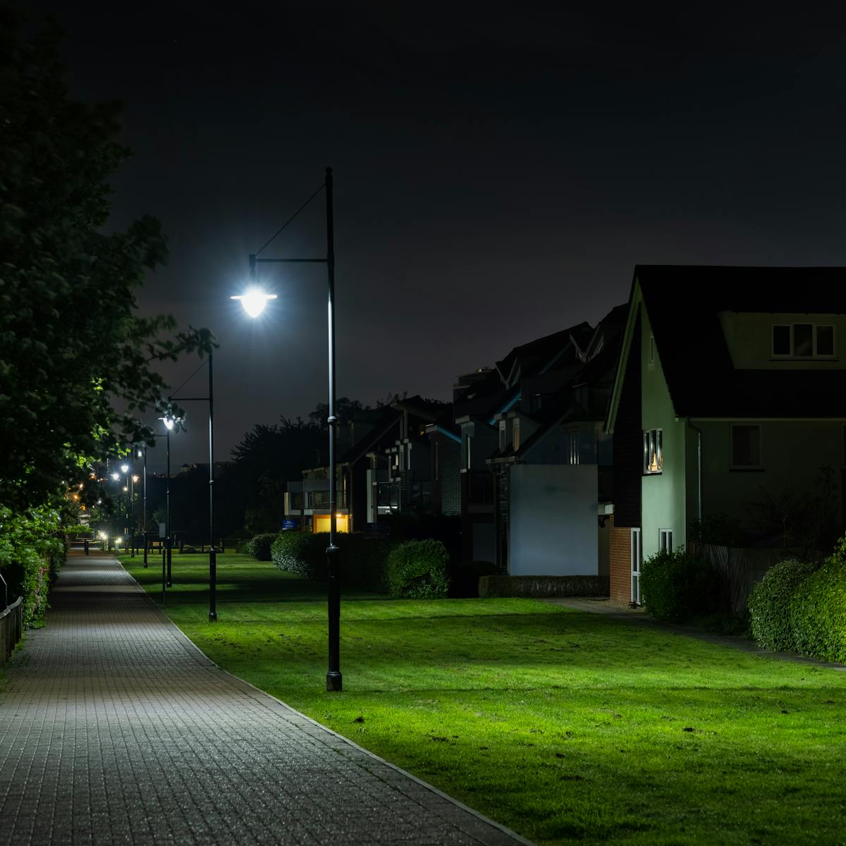 A photograph of a pathway at night which is lined by a row of street lights. The lights illuminate the trees and lawns next to the path as well as a row of houses, the gardens of which also has light cast on them.