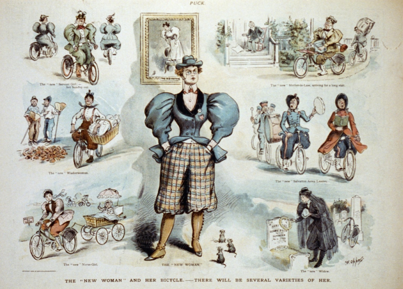 Postcard showing women wearing trousers and cycling to do their jobs such as visiting, delivering washing and visiting a dead husband's grave.