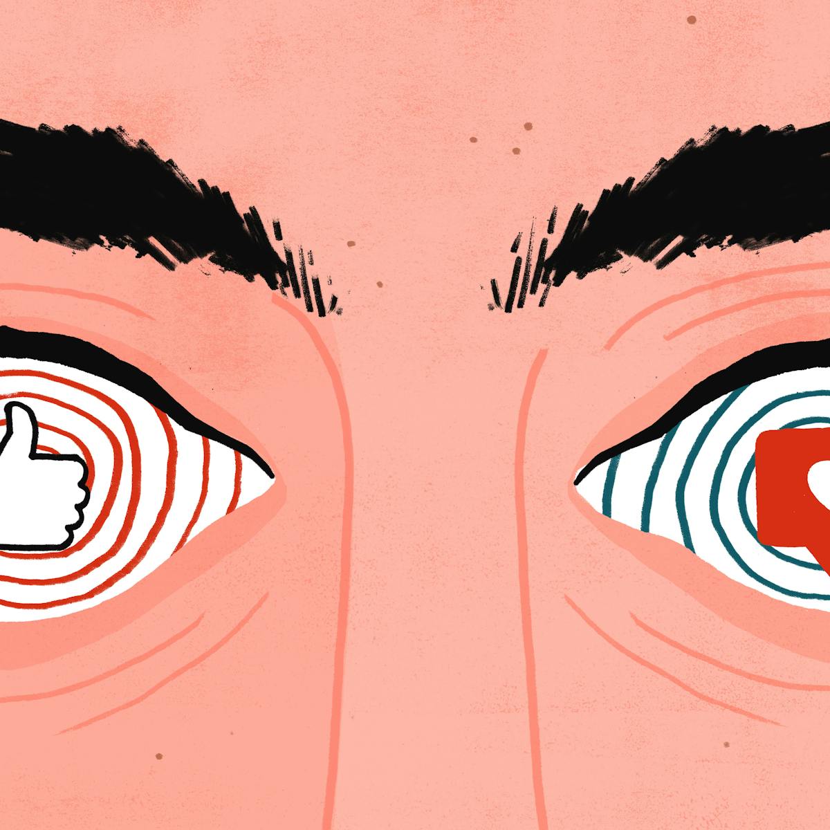 A person's eyes have been replaced with hypnotic spirals containing facebook and instagram 'likes'.