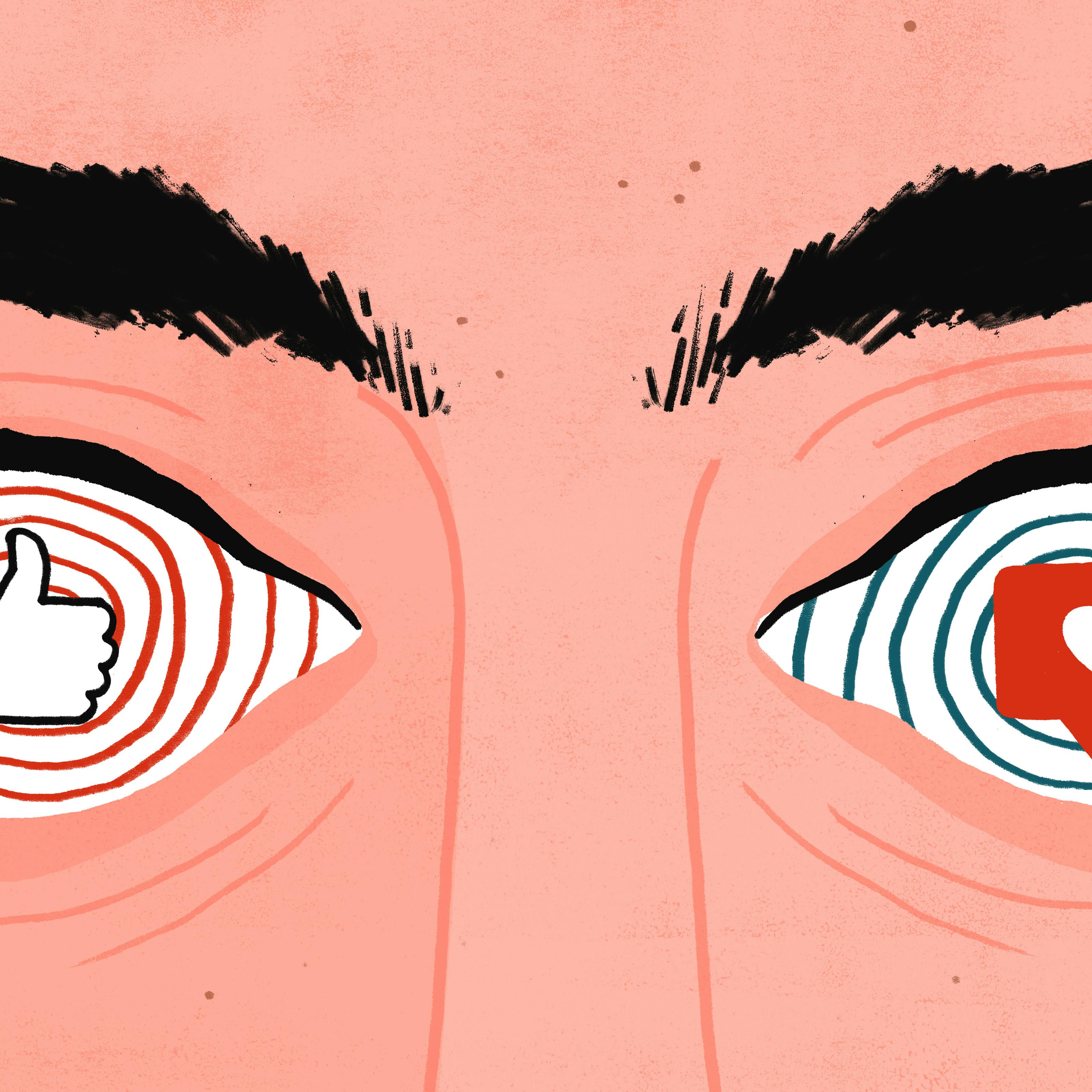 A person's eyes have been replaced with hypnotic spirals containing facebook and instagram 'likes'.