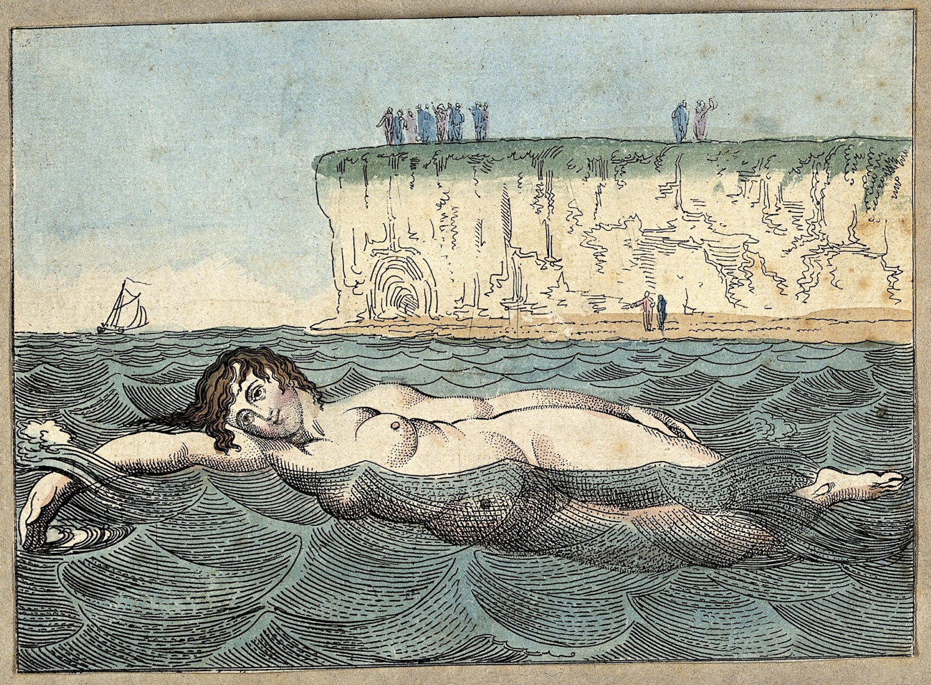 Coloured line engraving of a woman swimming in the waves of the sea whilst behind people stand on the beach and cliffs.