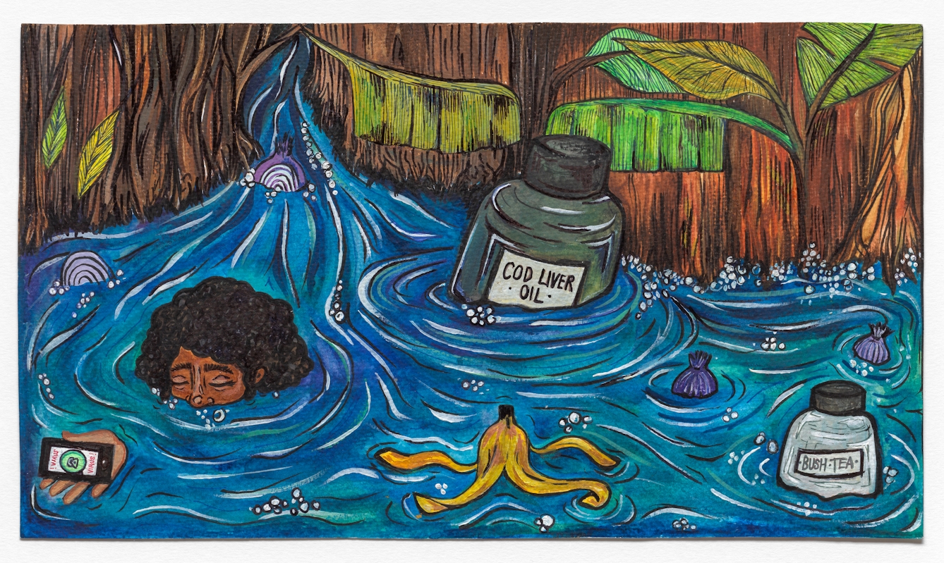 Watercolour and ink artwork. A flooded jungle scene with fast flowing water. The top half of a woman's head can be seen in the centre-left of the frame as she tries to keep a mobile device above the water. A WhatsApp type app is displaying the word "VIRUS!".  Several onions and a banana skin are floating in the water. In the centre a large tub is floating with the words "Cod Liver Oil". To the bottom right there is another tub with the words "Bush Tea".