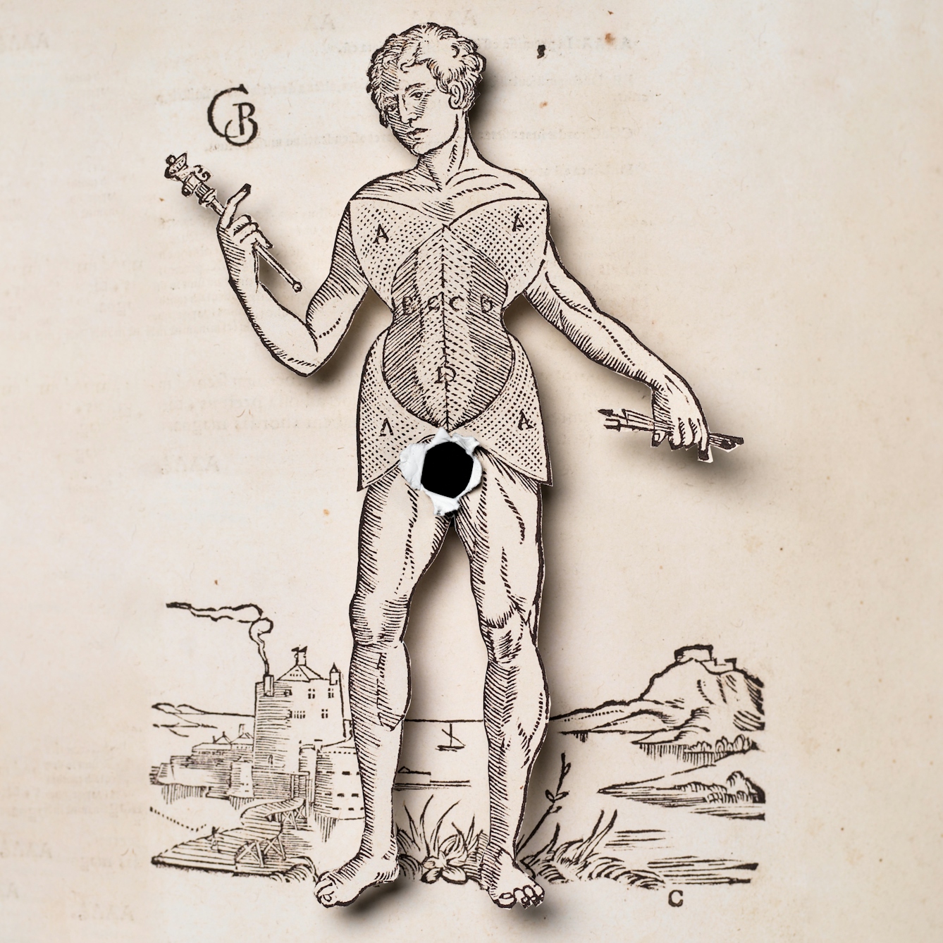 Photograph of an illustration of a naked man where the body of the man has been cut out and lifted above the background. Where the man's genitals should be there is a black hole with the torn edges folded forwards.