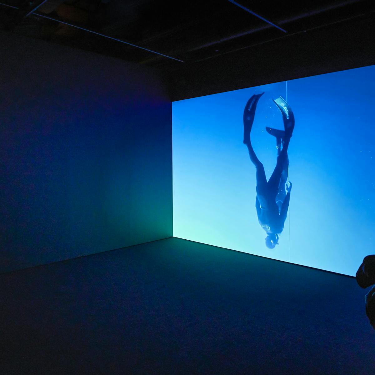 Photograph of a dark gallery space with one wall lit up with a projected film of a diver. In the foreground are visitors looking at the film.
