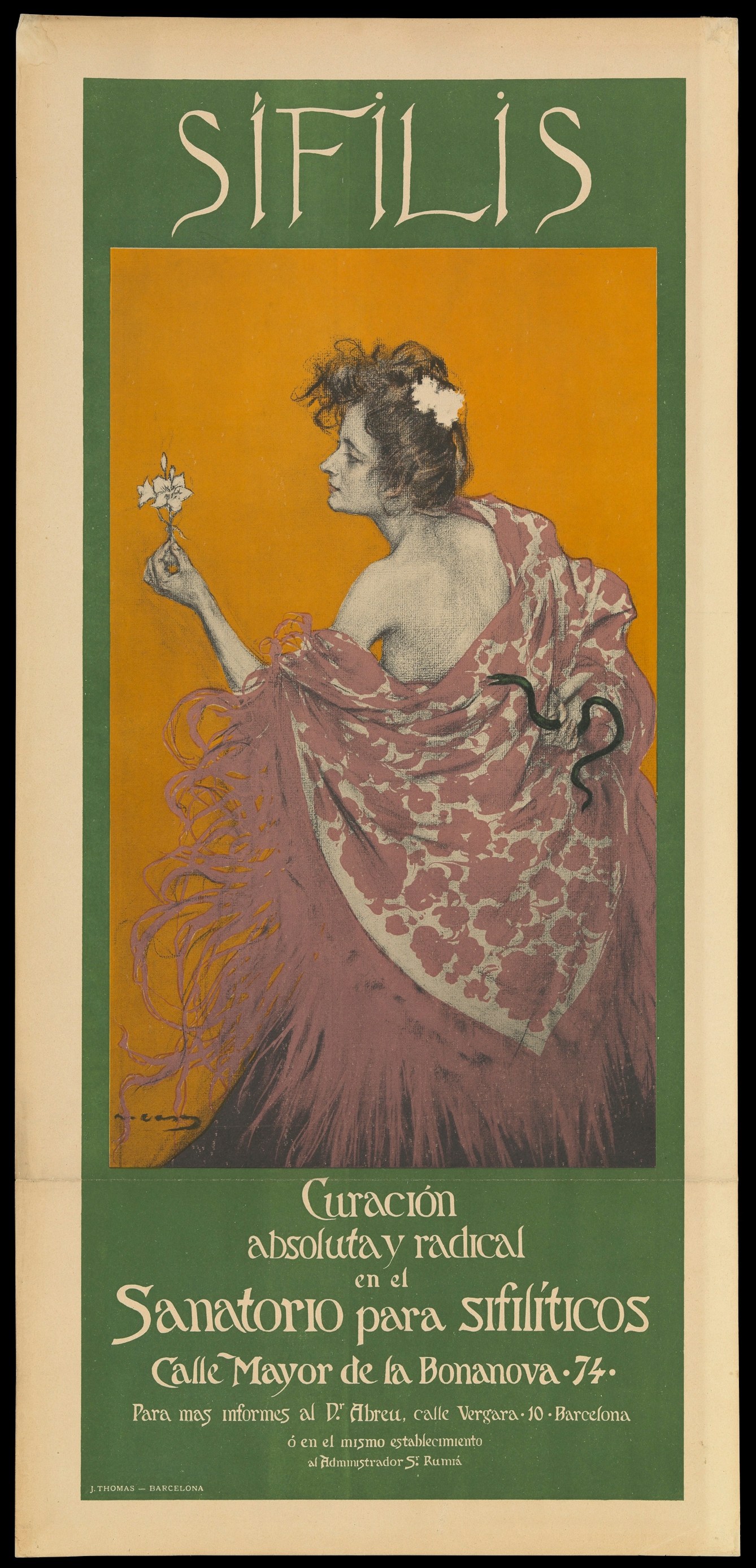 A woman representing syphilis; advertising Dr Abreu's sanatorium for syphilitics in Barcelona