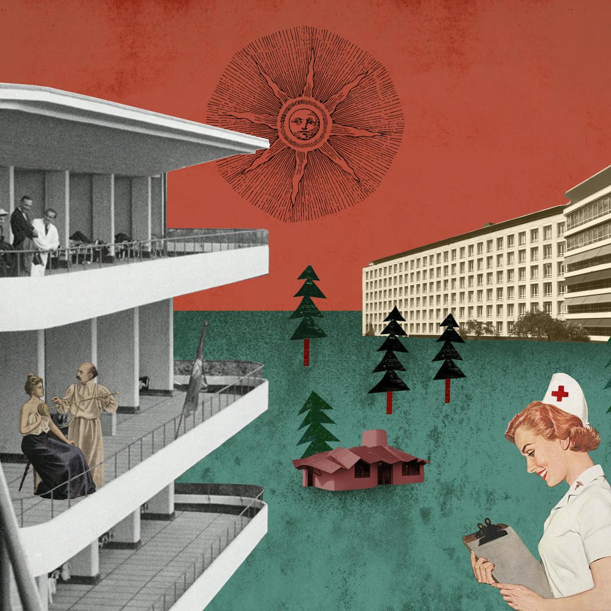 Collage illustration showing the Paimio Sanitorium in Findland, with people sitting on the balconies, enjoying the fresh air and with lots of pine trees around.