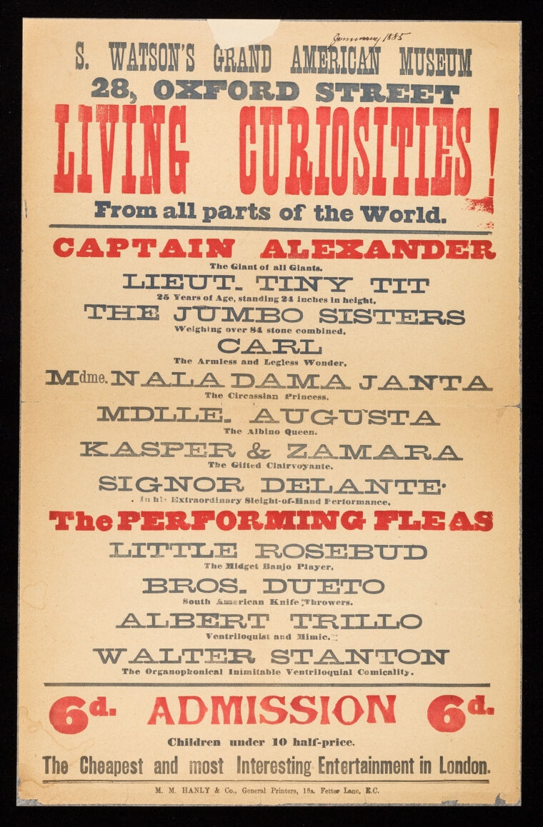 Promotional typographic poster featuring bold black and red text, listing so-called "living curiosities from around the world" and offering "the cheapest and most interesting entertainment in London".