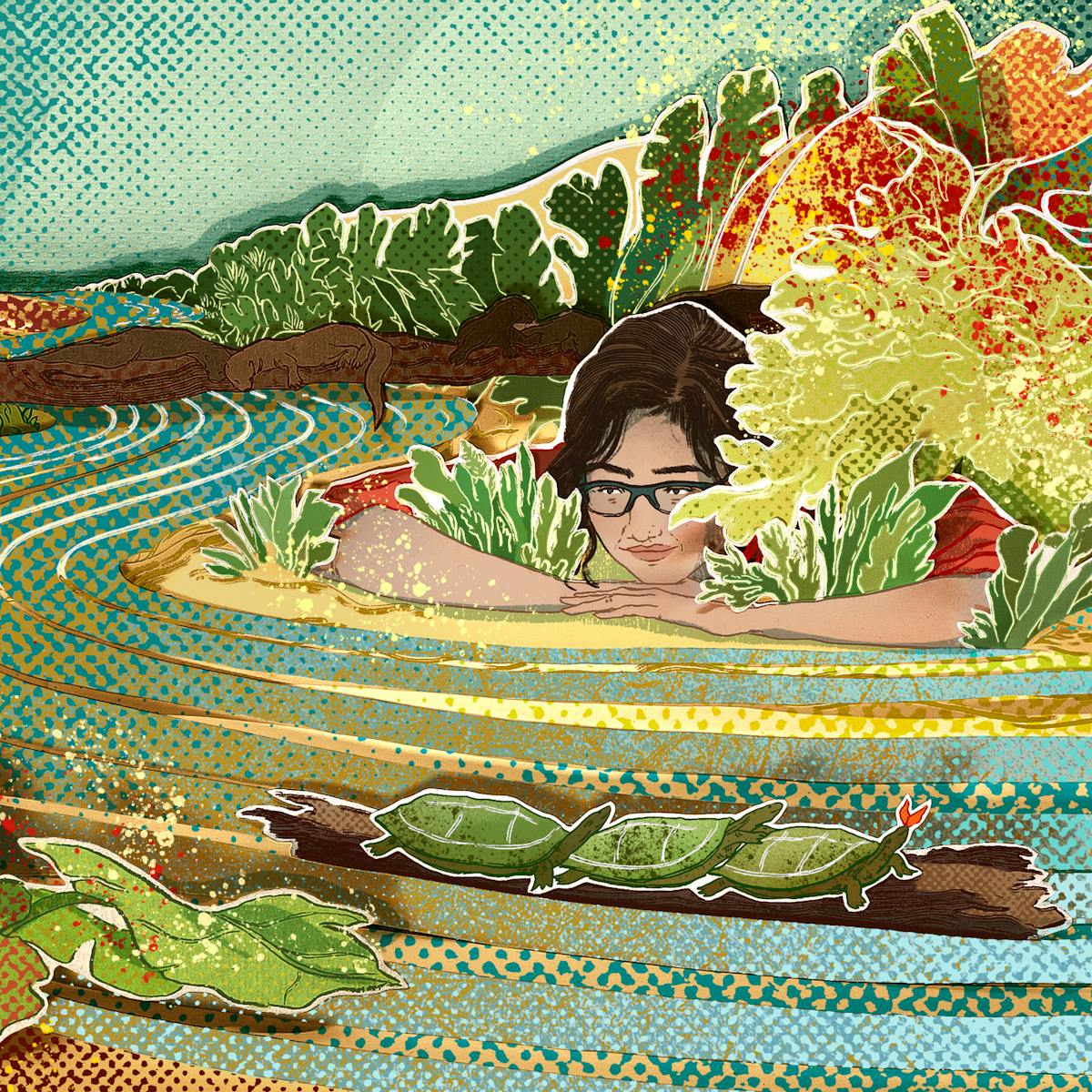 Photograph of a papercut 3D artwork. The image shows a meandering mottled blue and yellow river with white and gold brush strokes indicating the river’s curvature. Surrounding the different bends of the river are plants and shrubbery of various shades of green with red and yellow paint splatters. There is a brunette girl wearing glasses resting with her head in her hands near the river bank.  Four brown otters are shown resting and playing on a branch outstretched across the river. Three tortoises are piled on top of a floating log, travelling downstream. 