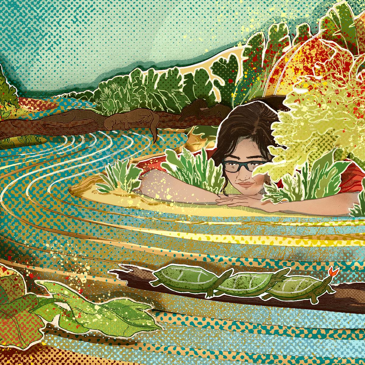 Photograph of a papercut 3D artwork. The image shows a meandering mottled blue and yellow river with white and gold brush strokes indicating the river’s curvature. Surrounding the different bends of the river are plants and shrubbery of various shades of green with red and yellow paint splatters. There is a brunette girl wearing glasses resting with her head in her hands near the river bank. Four brown otters are shown resting and playing on a branch outstretched across the river. Three tortoises are piled on top of a floating log, travelling downstream.