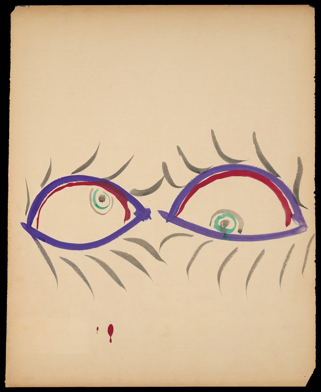 Photograph of a watercolour artwork showing an abstract outline drawing in purples, greys and reds, in the centre of an otherwise empty sheet of paper. The image seems to show a pair of eyes with large eyelashes. The pupils in each are not symmetrical, with the left eye looking up and to the right, and the right eye looking down and to the left.