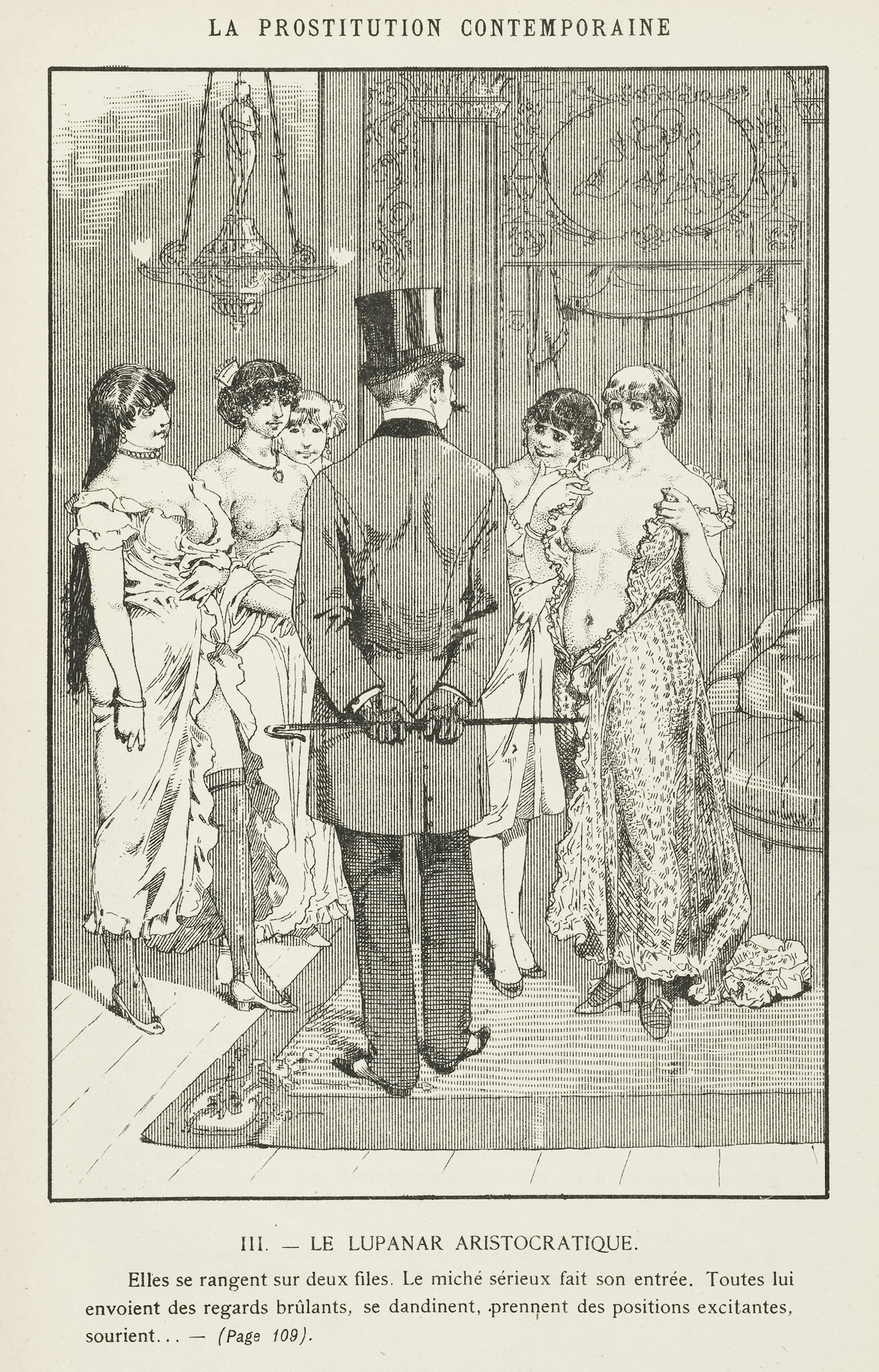 A well-dressed client inspects the prostitutes at a brothel