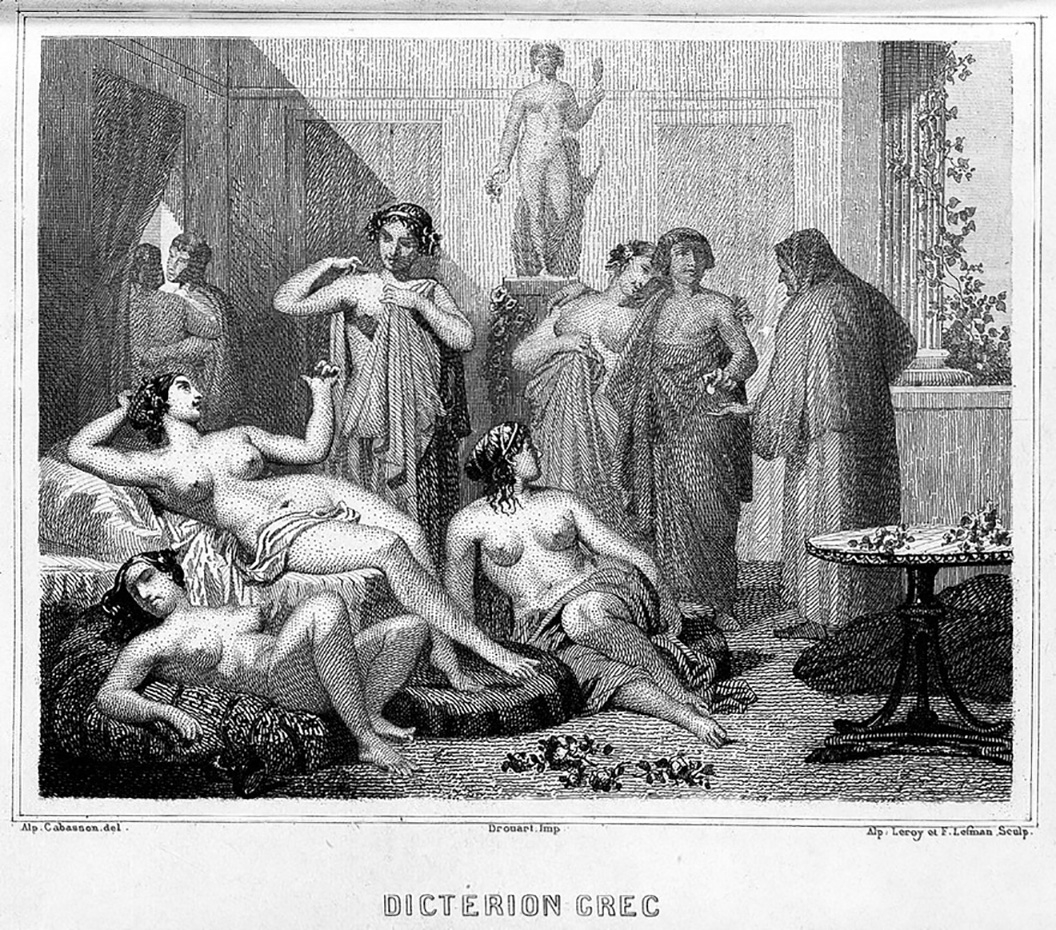 A  black and white drawing showing several females in a room half dressed in robes or fully undressed. 