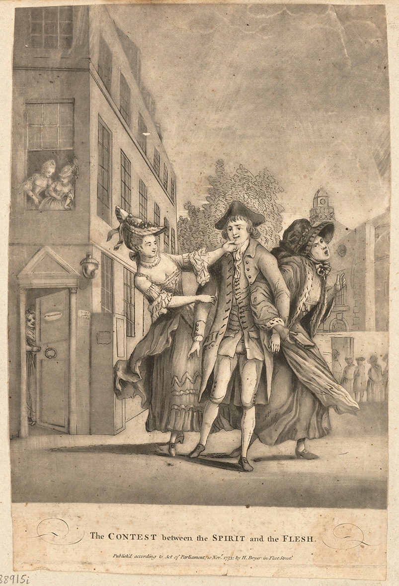 A Mezzotint drawing in black and white showing a man being tugged left and right by two women, one towards a church and another towards a brothel. Lettering beneath reads 'the contest between the spirit and the flesh'.