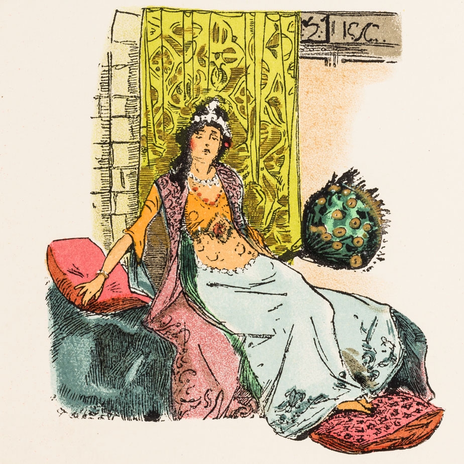 Illustration of a woman sitting on cushions in front of a curtain, holding a fan and wearing a colourful Indian outfit and pearls around her neck.