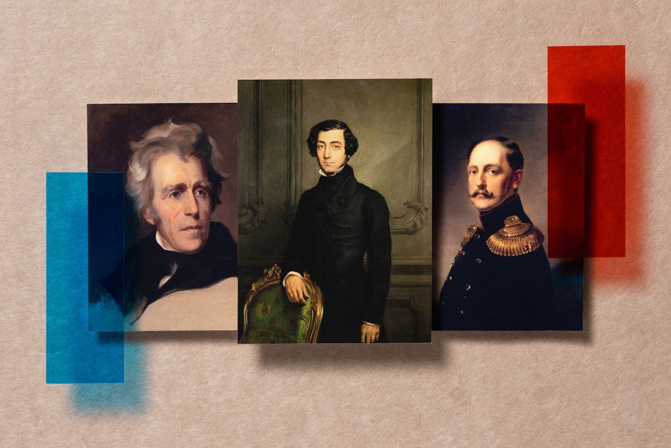 Colour photograph of 3 prints of oil paintings resting on a textured beige paper background. The prints are raise up slightly casting a shadow. The images are slightly overlapping. The print on the left shows President Andrew Jackson, the print in the middle shows Alexis de Tocqueville and the print on the right shows Nicholas I of Russia. Floating above the prints are 2 rectangles of transparent red and blue gel which give a red and blue tone to the image beneath and cast a soft diffused red and blue shadow.