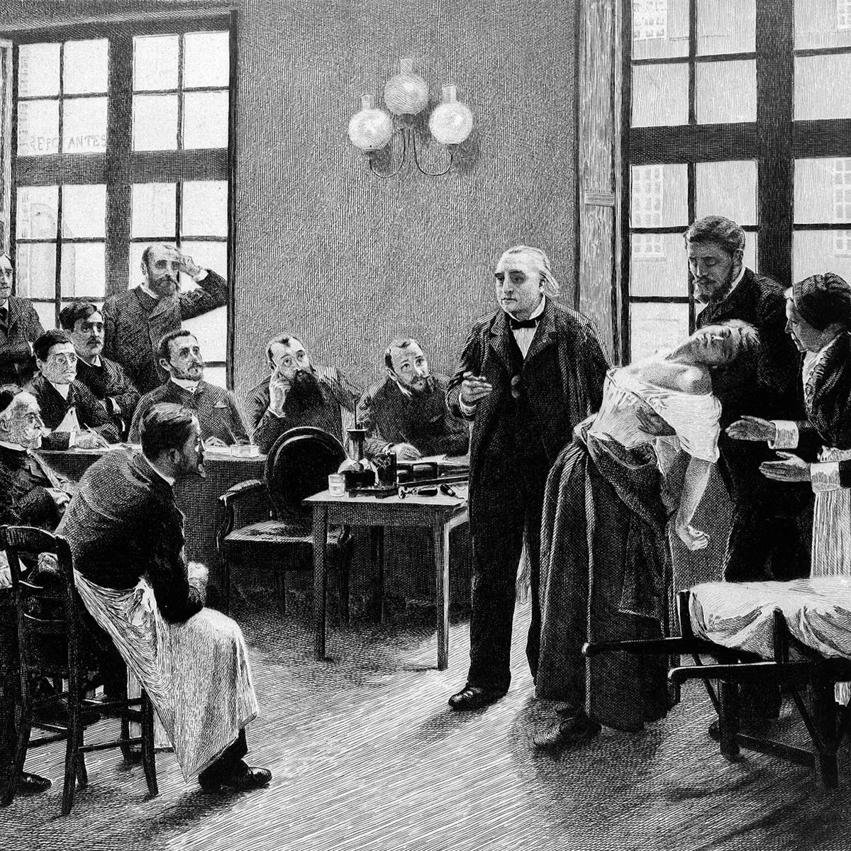 Image of Jean-Martin Charcot demonstrating hysteria in a patient at the Salpetriere.