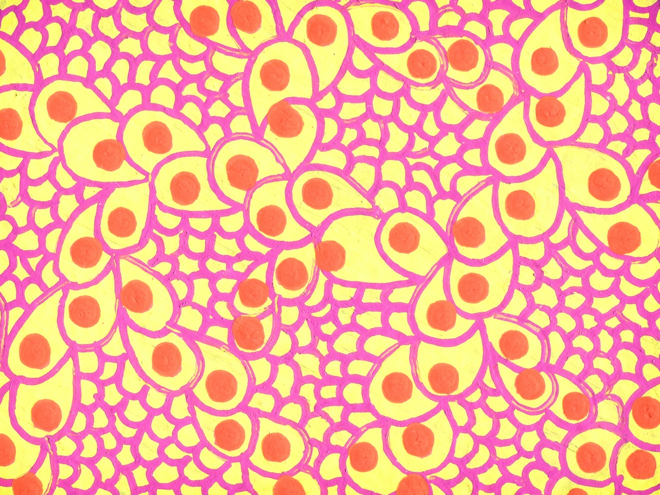 Artwork created by painting over the surface of a black and white photographic print with colourful paint. The artwork shows a painted yellow background, covered in orange dots, surrounded by loops of purple lines, arranged almost like scales or feathers. The texture of the paint can be seen.