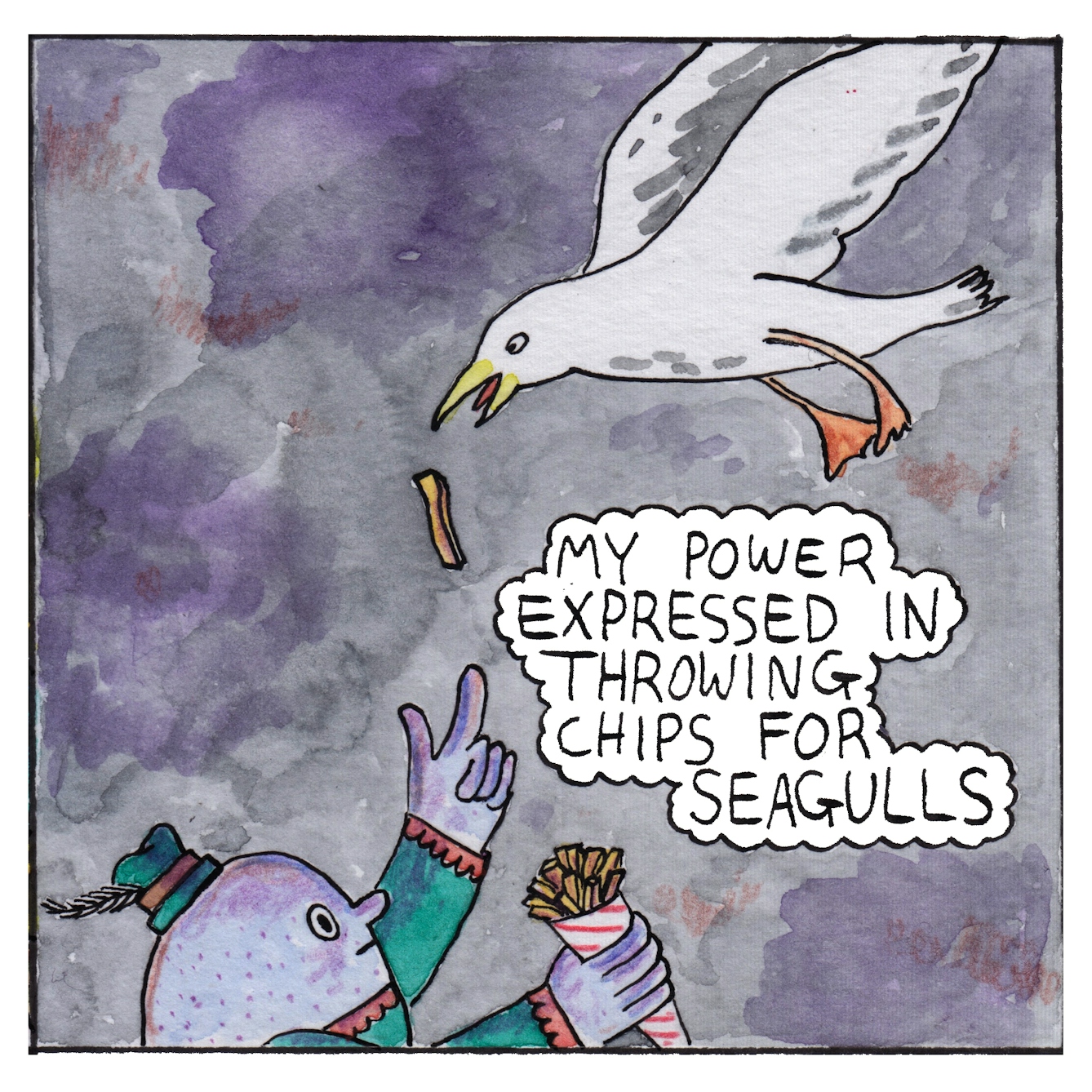 Panel 8 of the comic 'Egg Inc.': An egg-shaped character dressed in green with a green had holds a bag of chips (fries) in one hand as it throws a single chip up in the air with the other. A large white seagull flies down to catch the chip in its beak. The text bubble says "My power expressed in throwing chips for seagulls".