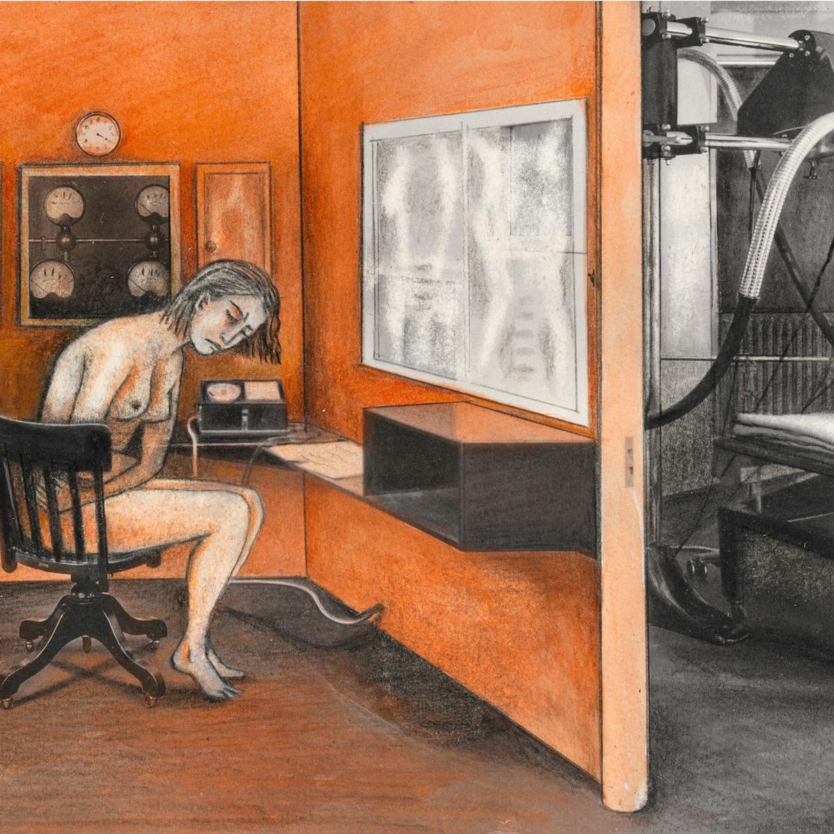 Collage and illustration of a hospital X-Ray room.  In the centre of the room is an unclothed woman sat on a black chair seemingly in pain with her eyes closed clutching her belly. Around her are various control boards with dials and x-ray like pictures on the wall.  Through a doorway on the right there is a hospital bed with various X-ray apparatus over it.  The image is primarily black and white, with the left side room having been coloured various shades of orange and red.