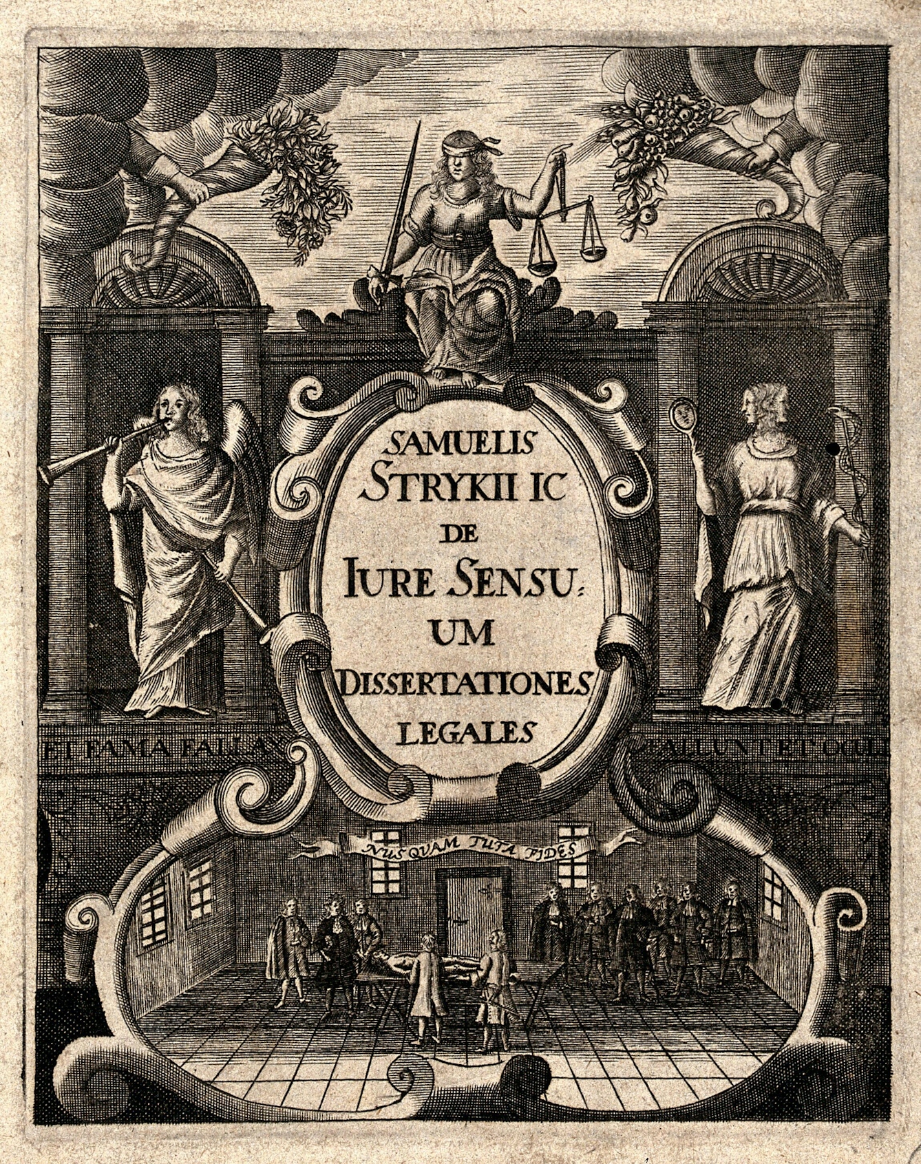 A black and white engraving showing a scene with an allegorical depiction of justice at the top, with her sword and scales. To the left, a figure representing fame blows a trumpet, and to the right, a two-faced woman is shown in classical-style robes representing deceit. Below, doctors are shown conducting an autopsy on a body, surrounded by onlookers. The plate has the lettering "Et fama fallax ... fallunt et oculi" (fame is deceptive ... and the eyes also deceive). The autopsy scene bears the lettering "Nusquam tuta fides" (trust is nowhere safe), apparently meaning that the people attending cannot be entirely confident in the findings of the senses.