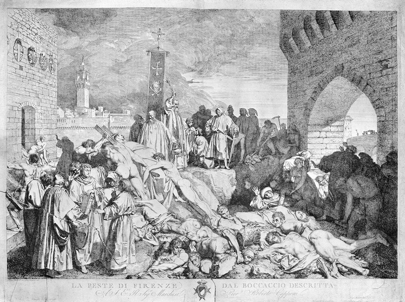 An etching depicting the plague of Florence in 1348, with bodies piled high. 